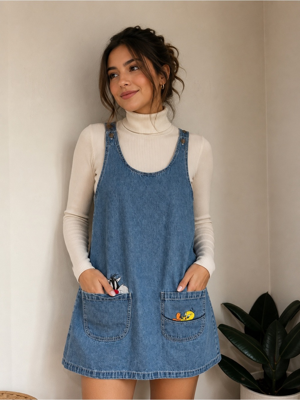 Vintage Looney Tunes Denim Pinafore Jumper Dress Sylvester & Tweety Women’s Blue